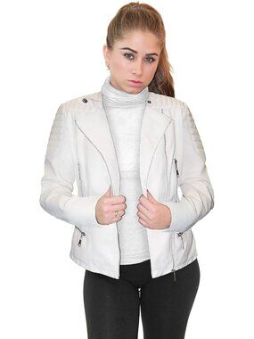 Women's Faux Leather Zip Up Moto Biker Jacket Zipper Long Sleeves White